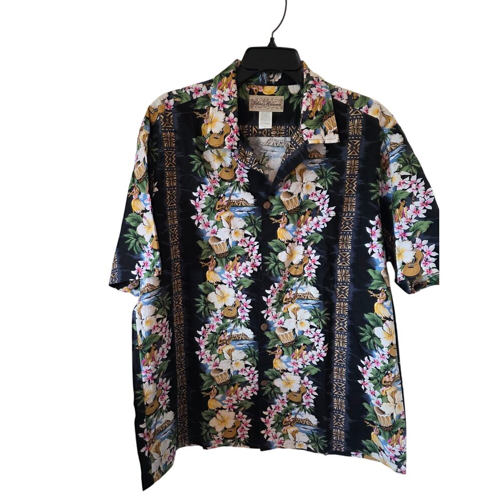 Vintage Blue Hawaii Mens Black Floral Tribal panel Hula Girl print Shirt Size XL
